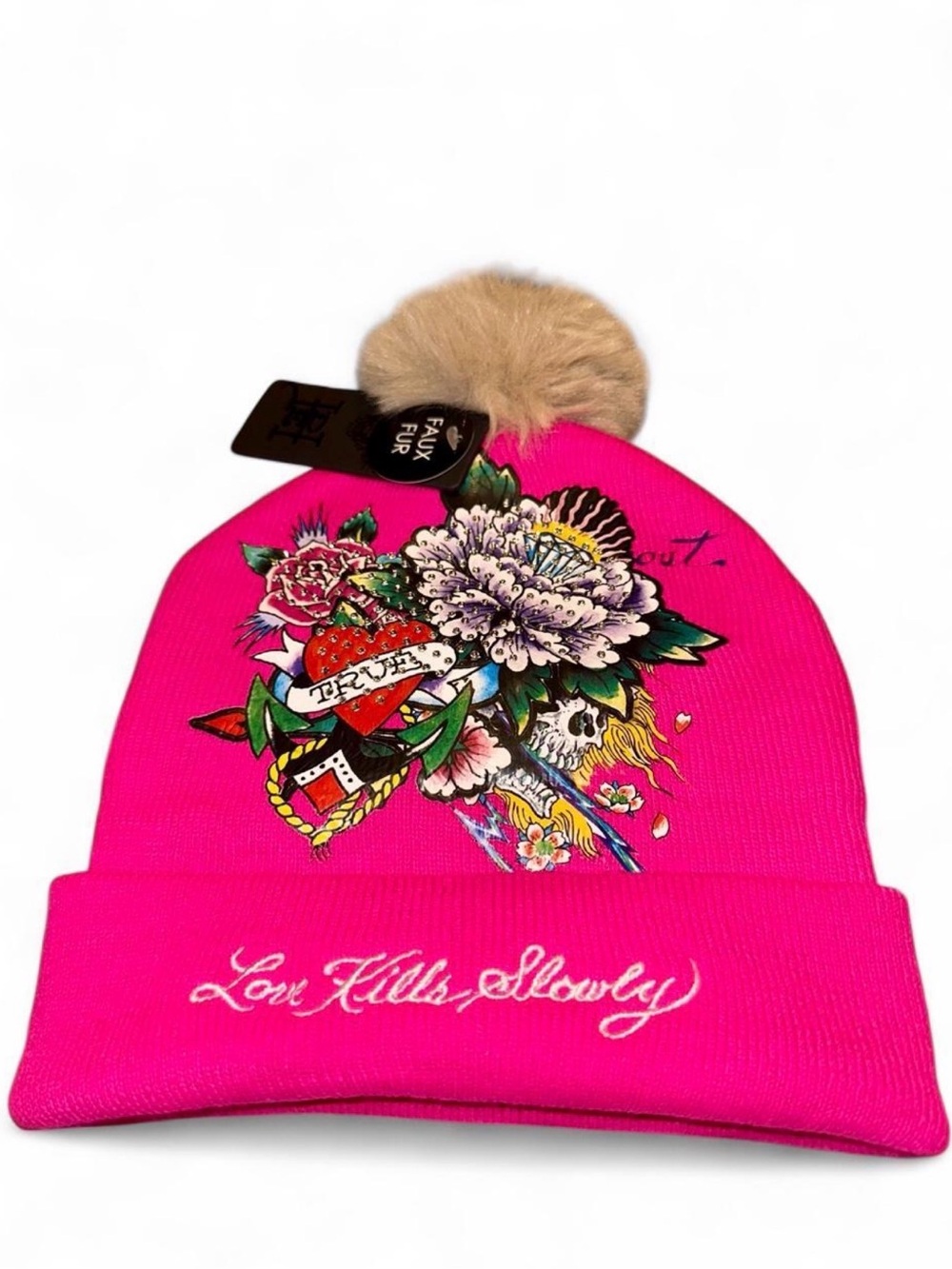 Ed Hardy Pink Love Kills Slowly Rhinestone Tattoo Graphic Pom Pom Beanie Hat NWT